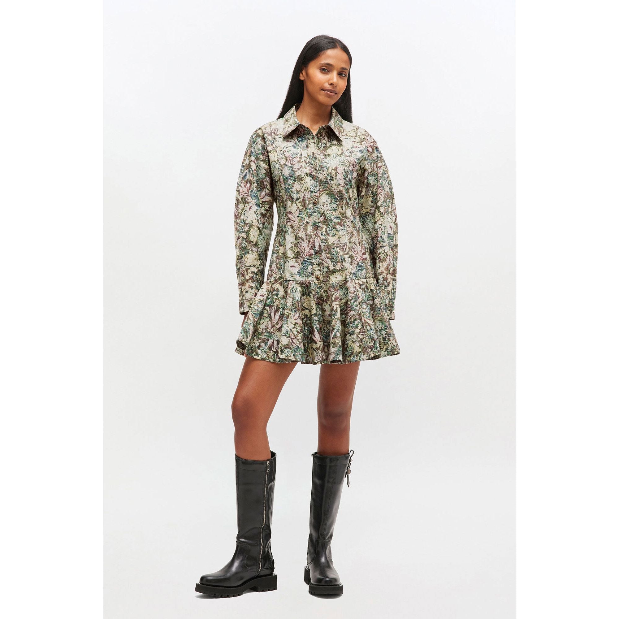 Printed Stretch Cotton Buttoned Mini Dress