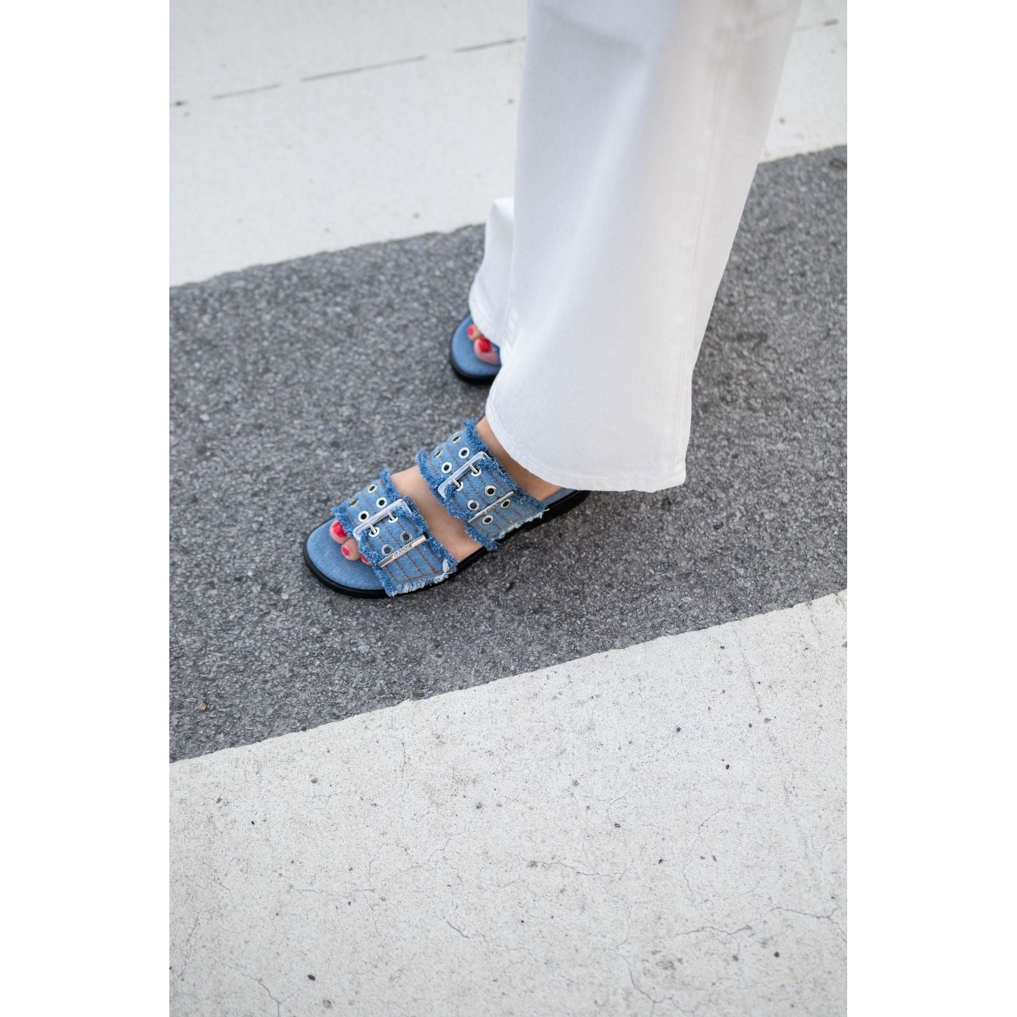 Feminine Buckle Two Strap Sandal Charms Denim