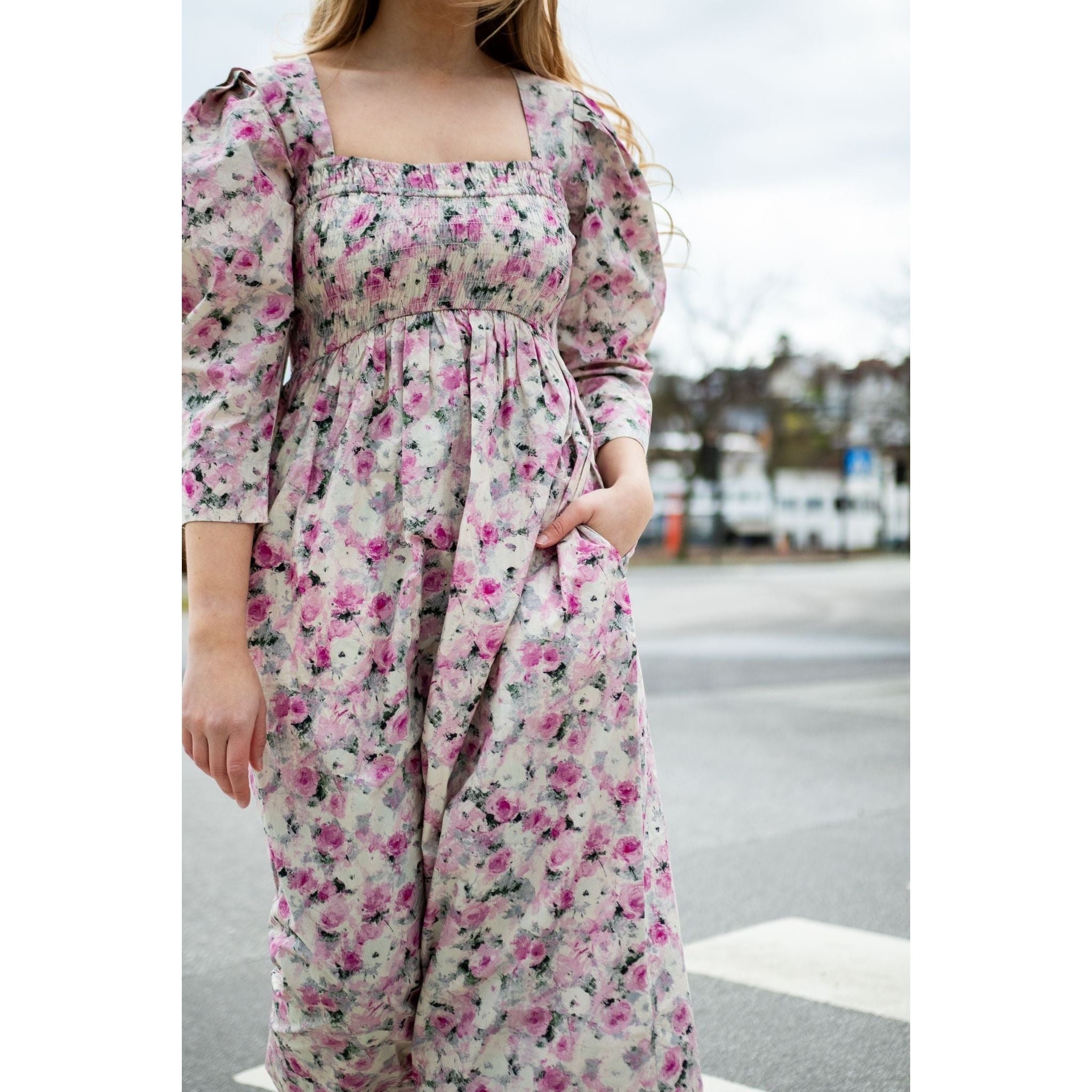 Printed Cotton Open-neck Smock Long Dress
