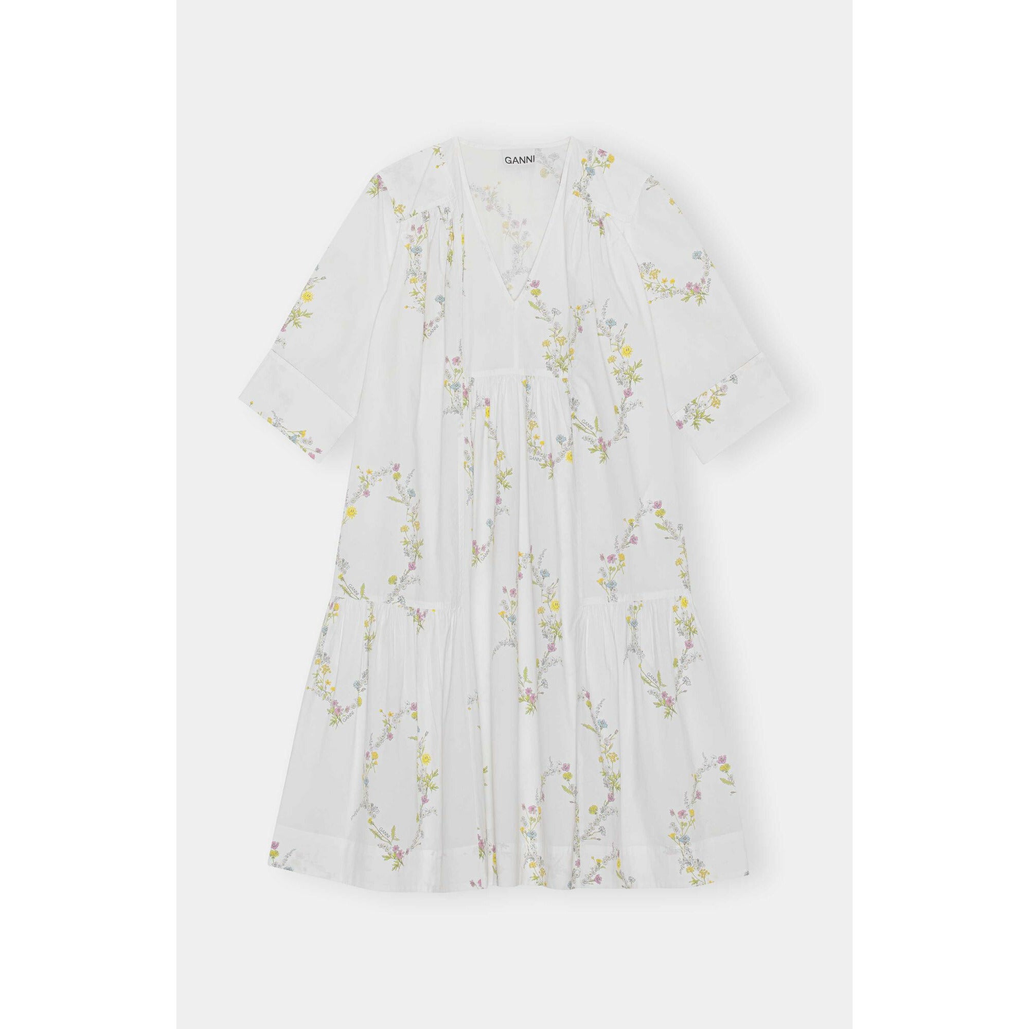 Printed Cotton Gathered Panel V-neck Dress
