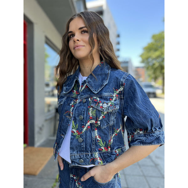 Embroidery Denim Puff Sleeve Jacket