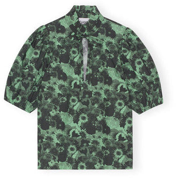 Printed Cotton High Ruffle Collar Blouse