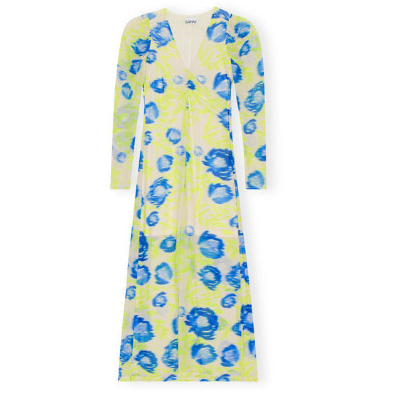 Printed Mesh V-neck Long Dress