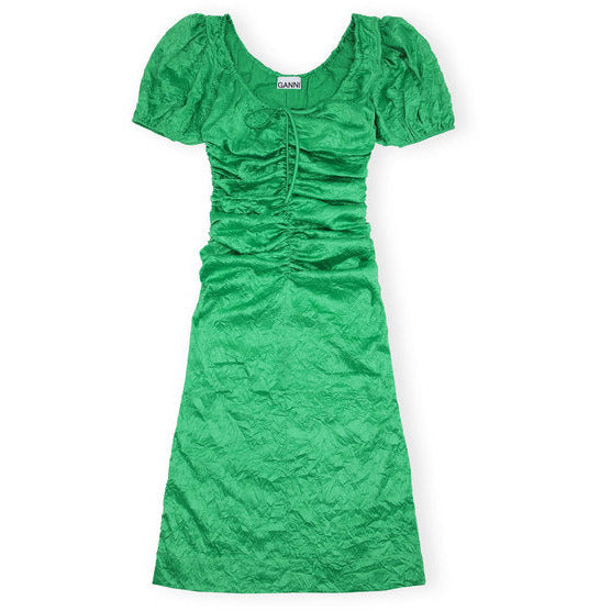 Crinkled Satin Gathered U-neck Midi Dress