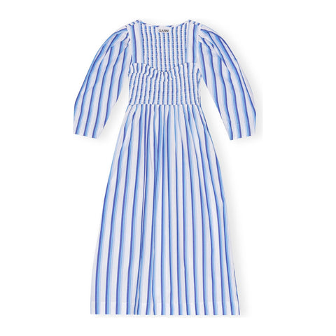 Stripe Cotton Open-neck Smock Long Dress