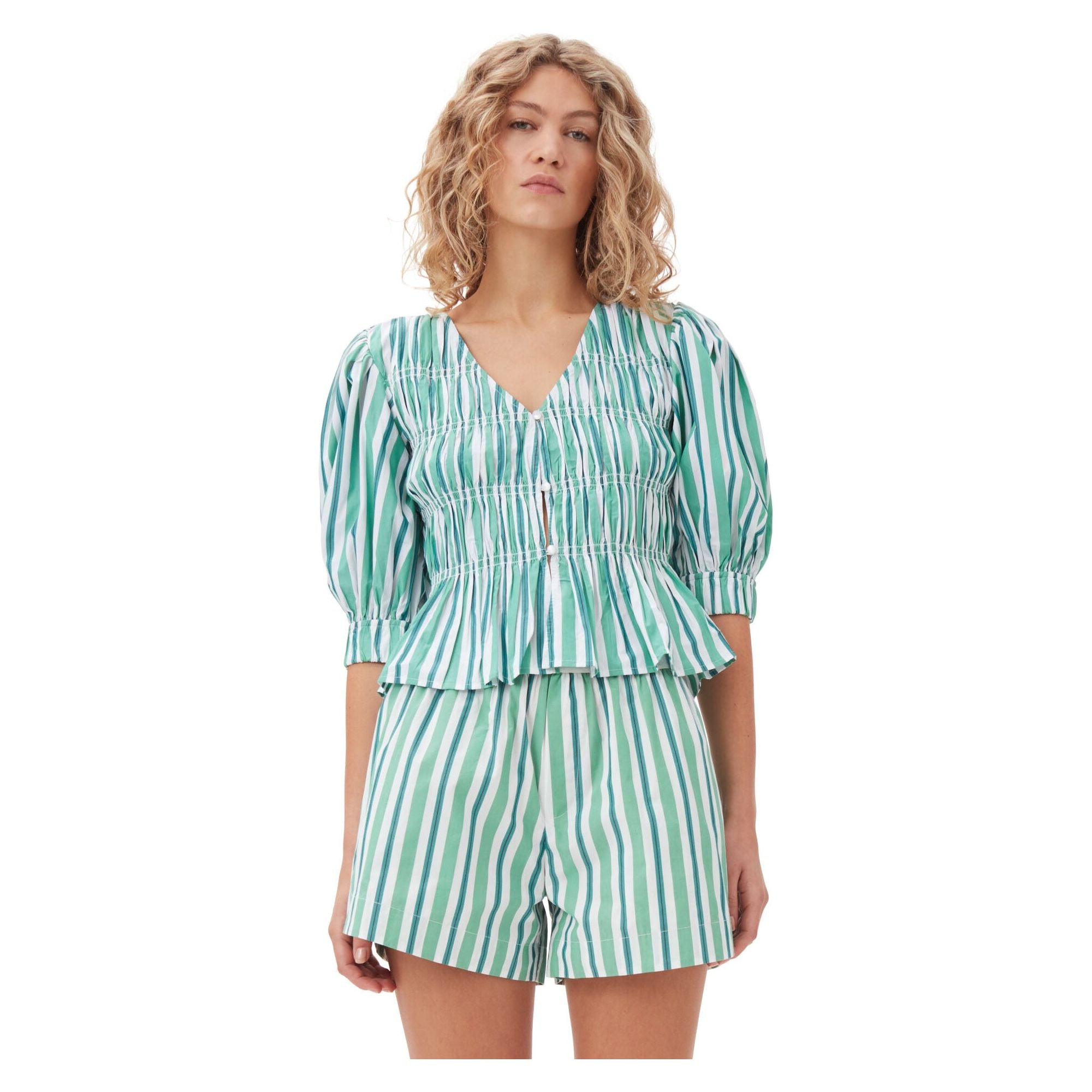 Stripe Cotton V-neck Fitted Blouse