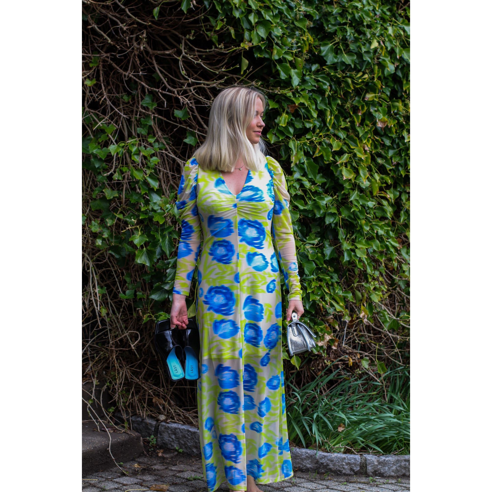 Printed Mesh V-neck Long Dress
