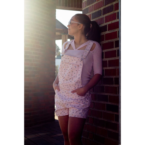 Print Denim Overalls Shorts