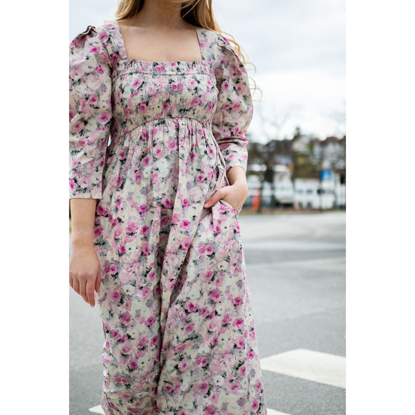 Printed Cotton Open-neck Smock Long Dress
