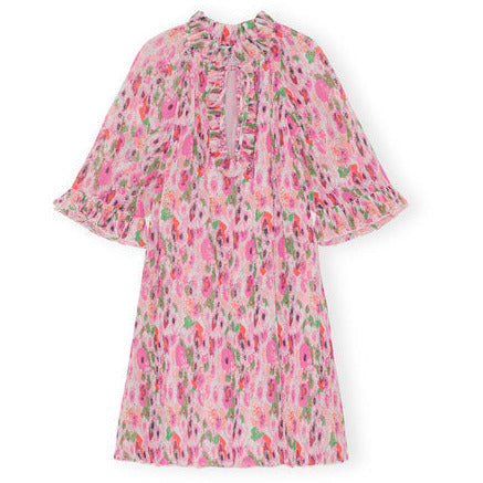 Pleated Georgette Ruffle V-neck Mini Dress