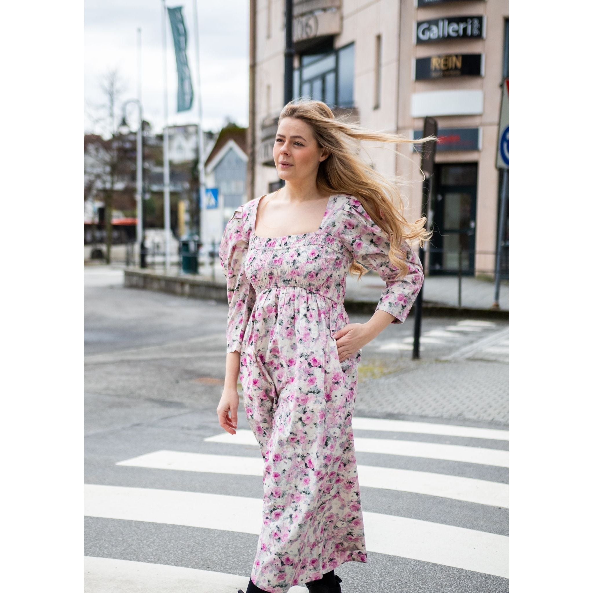 Printed Cotton Open-neck Smock Long Dress