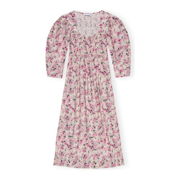 Printed Cotton Open-neck Smock Long Dress