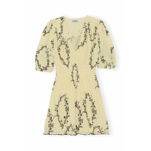 Pleated Georgette V-neck Smock Mini Dress